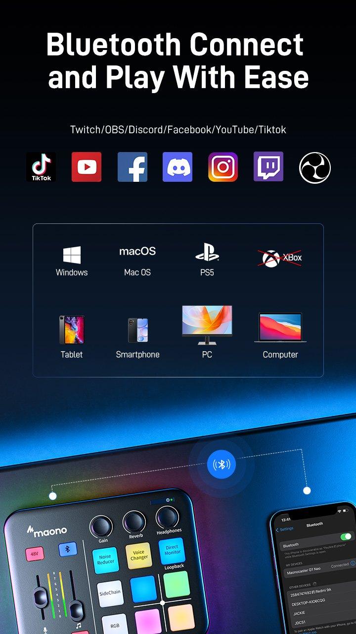 MAONO G1 NEO RGB USB Audio mixer with Bluetooth, Noise reduction, easy to use with PC, Smartphone, XLR microphone, ideal for gaming and streaming.