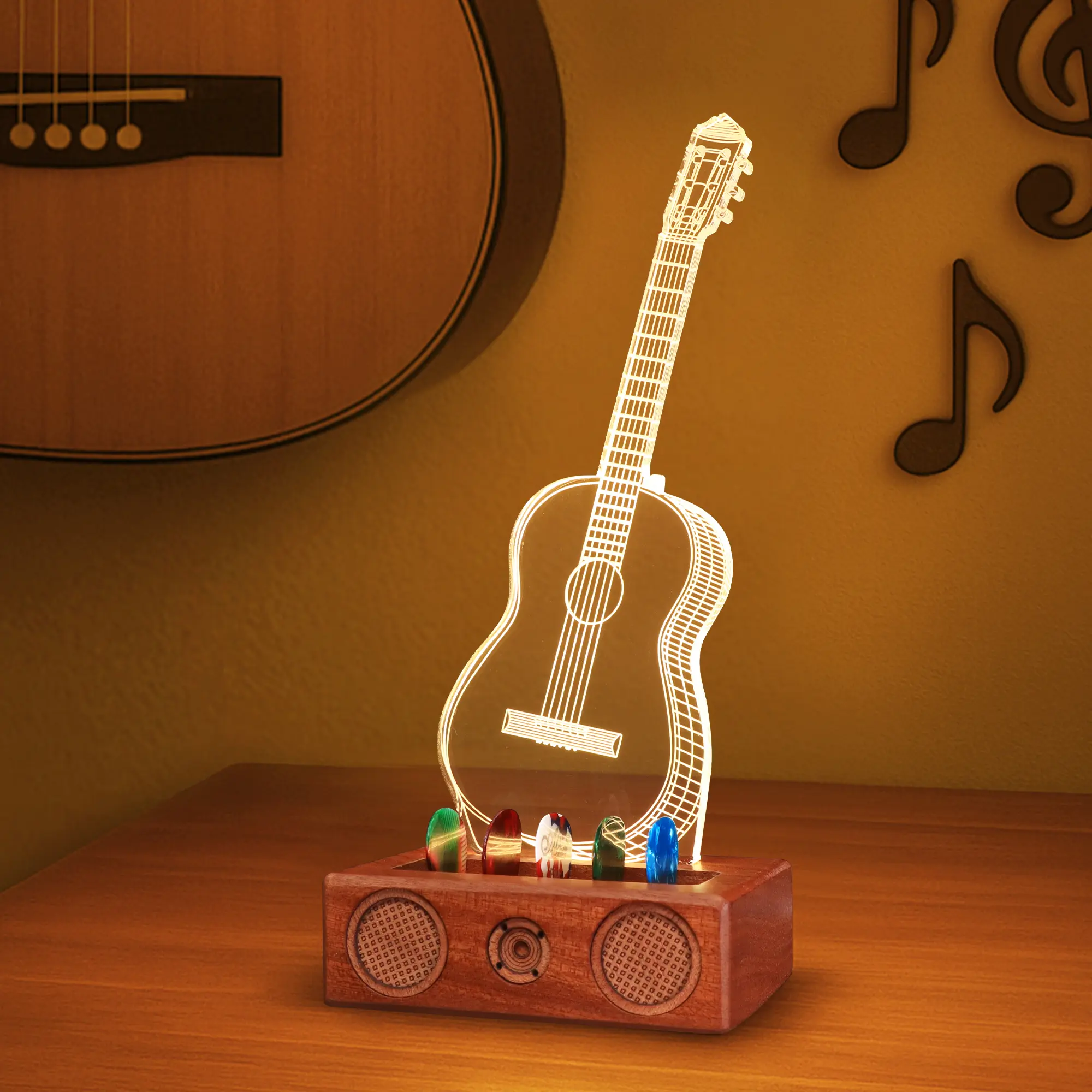Light Up Guitar Pick Holder, Acrylic Pick Display with Vintage Wooden Base, Stylish Guitar Pick Storage, Perfect Christmas & Birthday Gift for Guitar Players and Guitarists Durable Materials Easy Assembly Led Lighting Musical Instrument