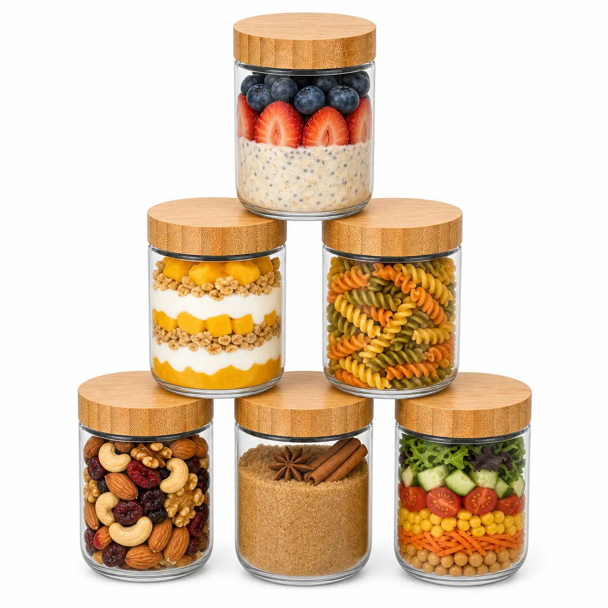 Glass Jars with Airtight Lids, 16oz Overnight Oats Containers with Bamboo Lids, 6 Pack Wide Mouth Mason Salad Jars, Glass Food Storage Containers for Spice Sugar Snacks Yogurt Meal Prep Kitchen sohochic