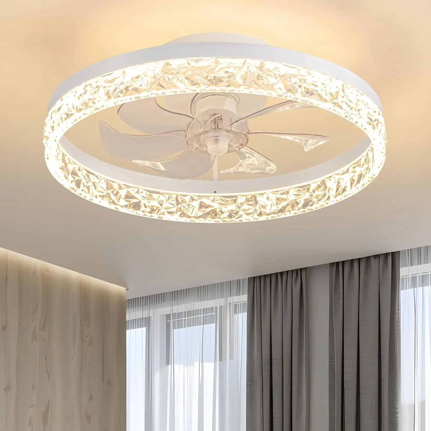 Modern Flush Mount Ceiling Fan with LED Lights, 3 Color Temperatures Dimmable Fan Light with Reversible Airflow, Quiet Bladeless Ceiling Fan with Remote & APP Control for Bedroom Living Room Dining Room#Summervibes