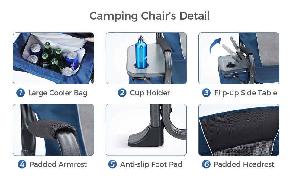 PHI VILLA 27” High Back Adjustable Camping Chair, 2-Position Reclining Folding Director Chair Supports 300lbs, Heavy Duty Outdoor Lawn Chair with Side Shelf