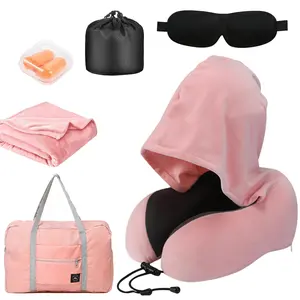 Travel Pillow with Extra Large Hood and Blanket Set 6 PCS,Neck Pillows Travel Essentials with Sleep Mask,Pure Memory Foam Travel Neck Pillow,Travel Pillows for Airplanes,Portable Plane Accessories with, Earplugs, Carry Bag for Airplane Car Office(Pink)