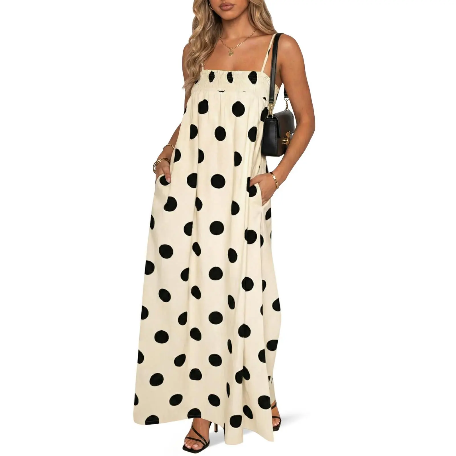 Wenrine Women's Sleeveless Elastic Smocked Polka Dot Maxi Dress - Breathable Casual Wear, Sexy Loose Spaghetti Strap Vacation Beach Dress with Pockets