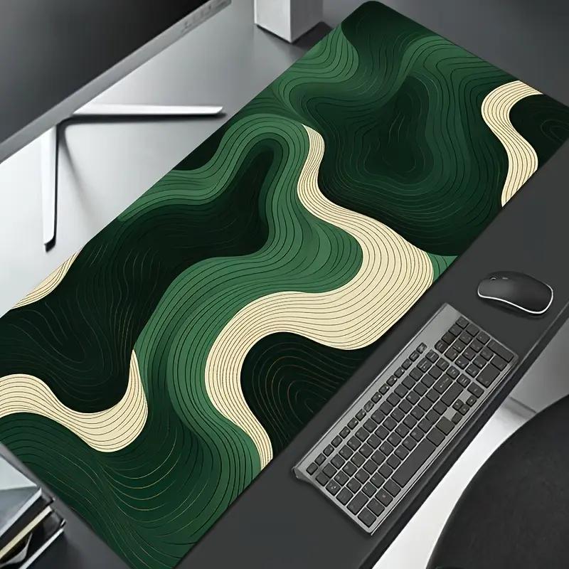 Green Abstract Wave Desk Mat, Modern Minimalist Large Extended Mouse Pad Non Slip