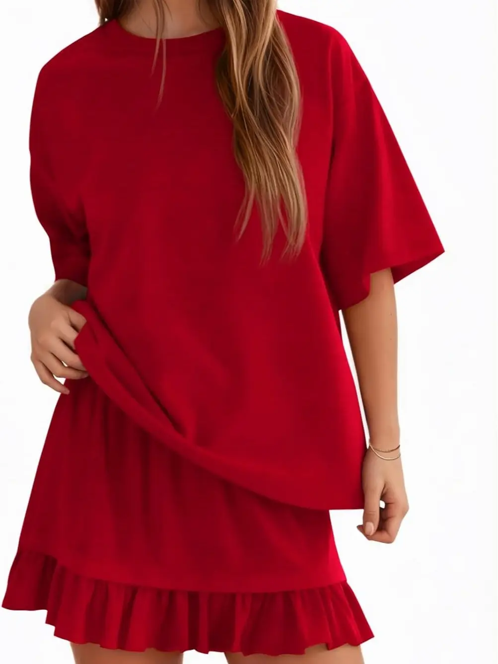 Yousify 2 Piece Skirt Set for Women, Casual Short Sleeve Crewneck Top and Basic Mini Skirt, Coordinated Summer Vacation Outfit, Fashion Apparel, Women's Clothes, Outfits, 2 Piece Sets, Two Piece Sets Women