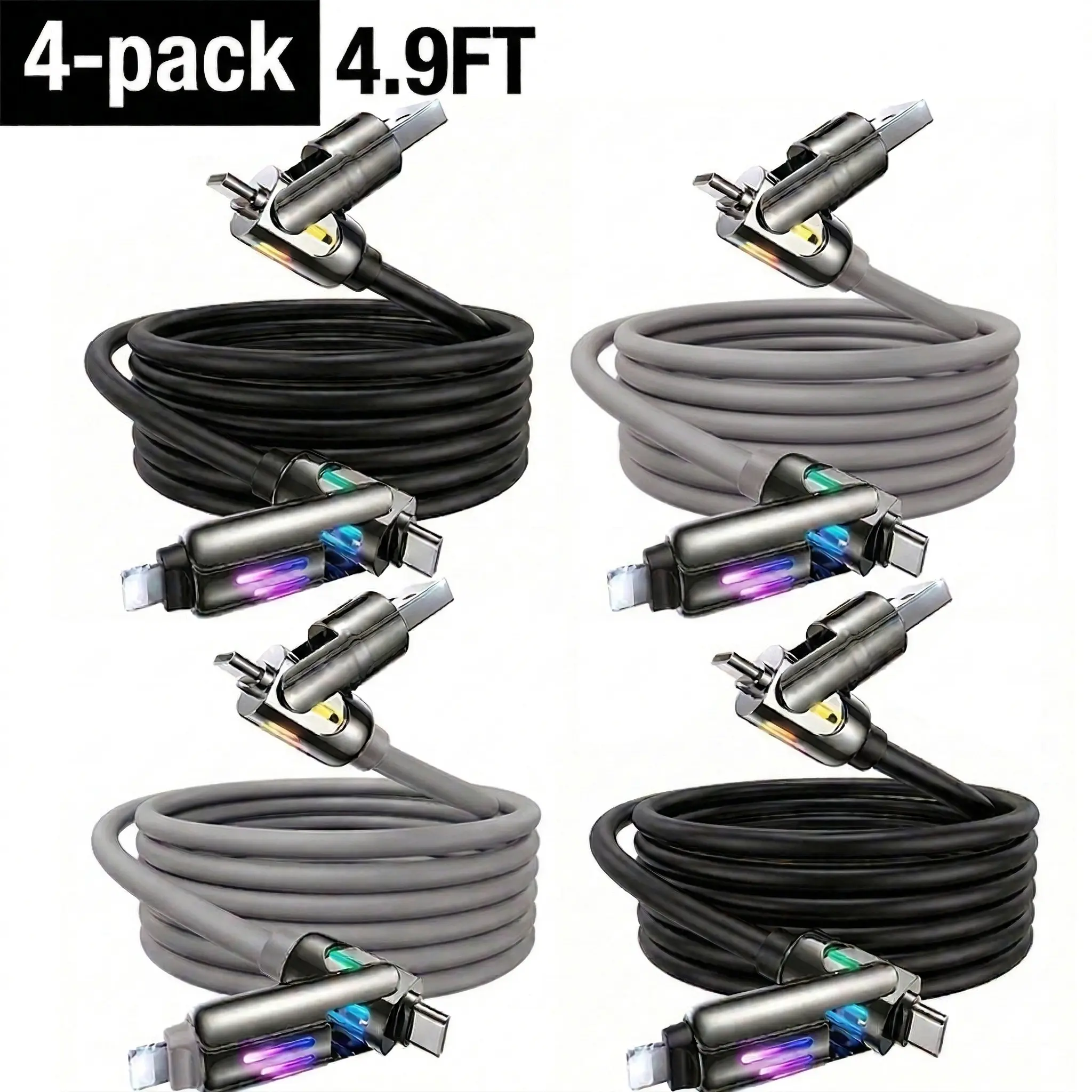 One Cable for Everything! 4-in-1 240W Super Fast Charger Cord - Multi-Functional USB C / Lightning / USB A Port for Car, Office & Travel - 4.9FT Long Tangle-Free LED Data Cable for All Your Devices portable charger Electronic Charging Cellphone