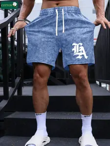 Men’s summer cotton athletic shorts with letter print and a washed, distressed finish; casual loose fit with a drawstring waist and pockets; retro 2000s style; suitable for running, golf, fishing, basketball, camping, gym workouts, swimming, and the beach