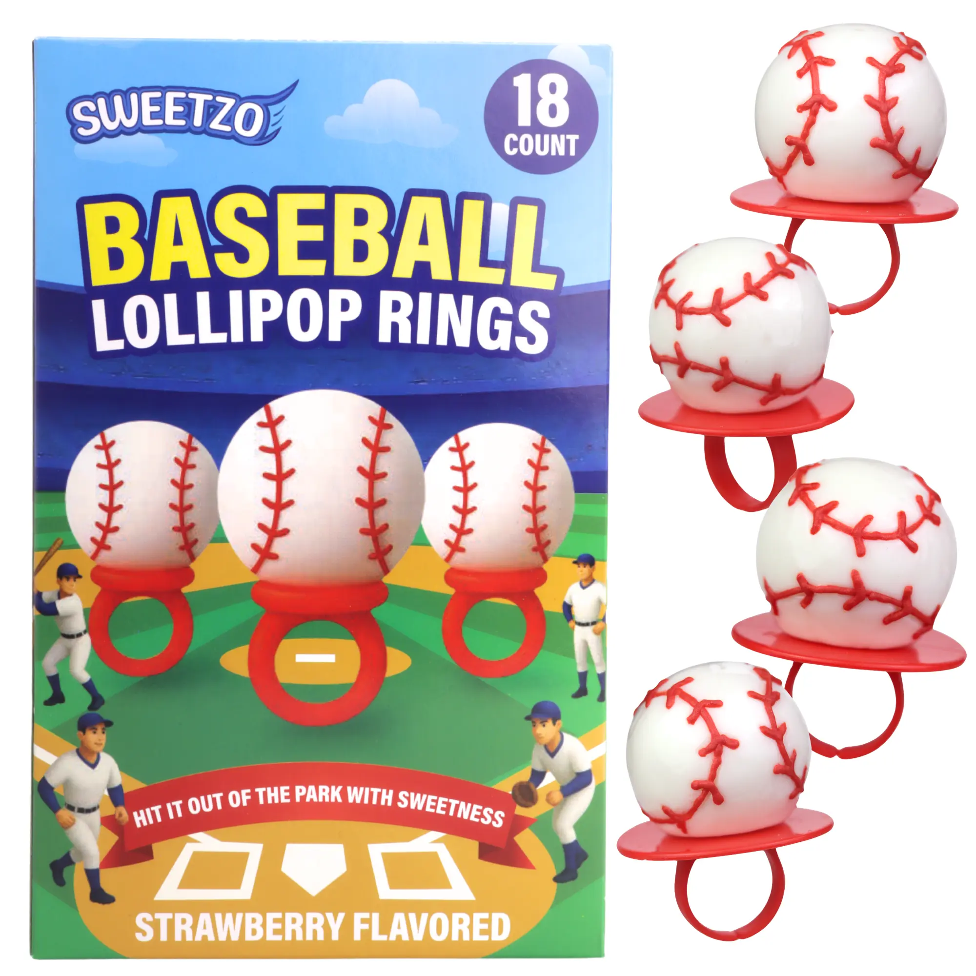 Baseball Party Favors – 18 Individually Wrapped 3D Baseball Lollipop Rings, Strawberry Candy for Birthday Treat Bags