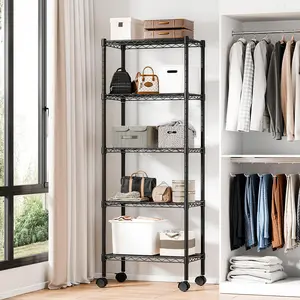 Heavy-Duty Adjustable Wire Shelving Unit with Casters Ideal for garages, kitchens, pantries, laundry rooms, and office storage Easy assembly Dimension