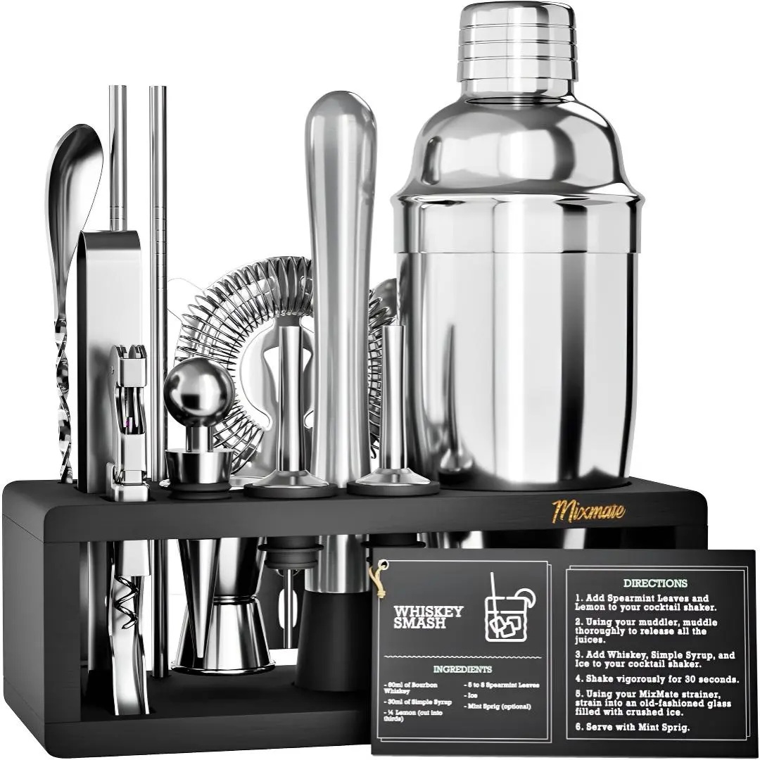 Mixology Bartender Kit with Stand - 15 Piece Bar Tool Set, Silver Bar Set Cocktail Shaker Set for Drink Mixing - Includes Martini Shaker, Jigger, Strainer, Bar Mixer Spoon, Tongs, Opener|   Gift Idea