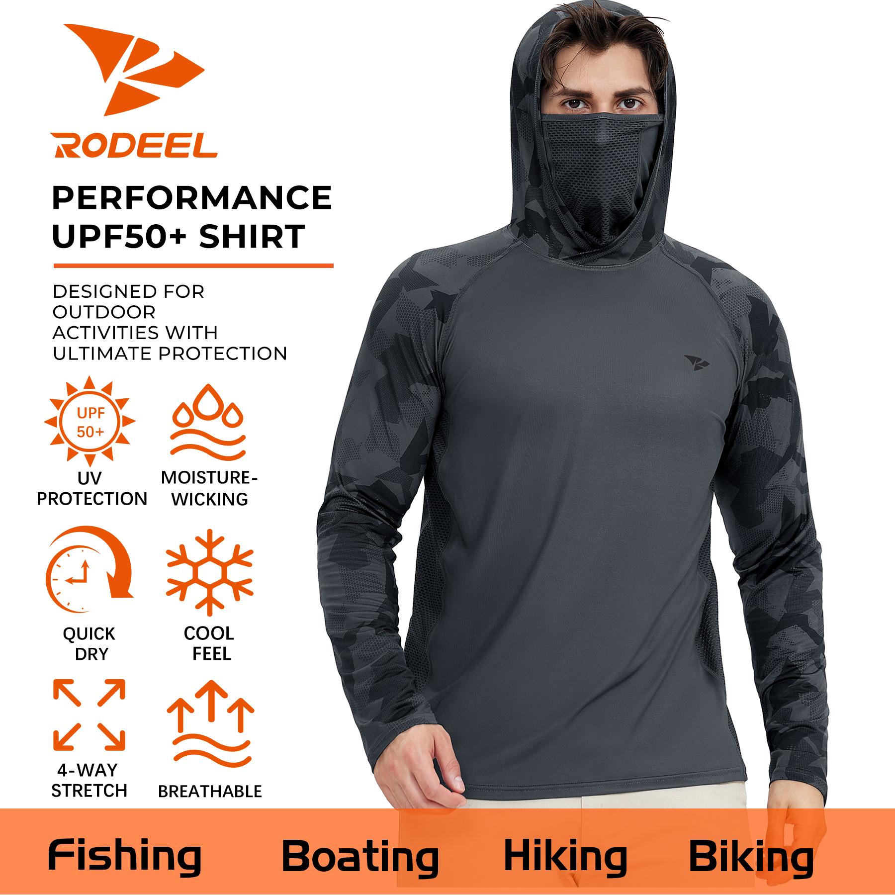 【RODEEL】915 Sun Hoodie Shirts w/ Mask Neck Gaiter Men UPF 50+ UV Protection Long Sleeve Lightweight Quick Dry Moisture Wicking Breathable Cooling Athletic Activewear for Outdoor Fishing Boating Hiking Construction Roofing Framing Landscaping summervibes