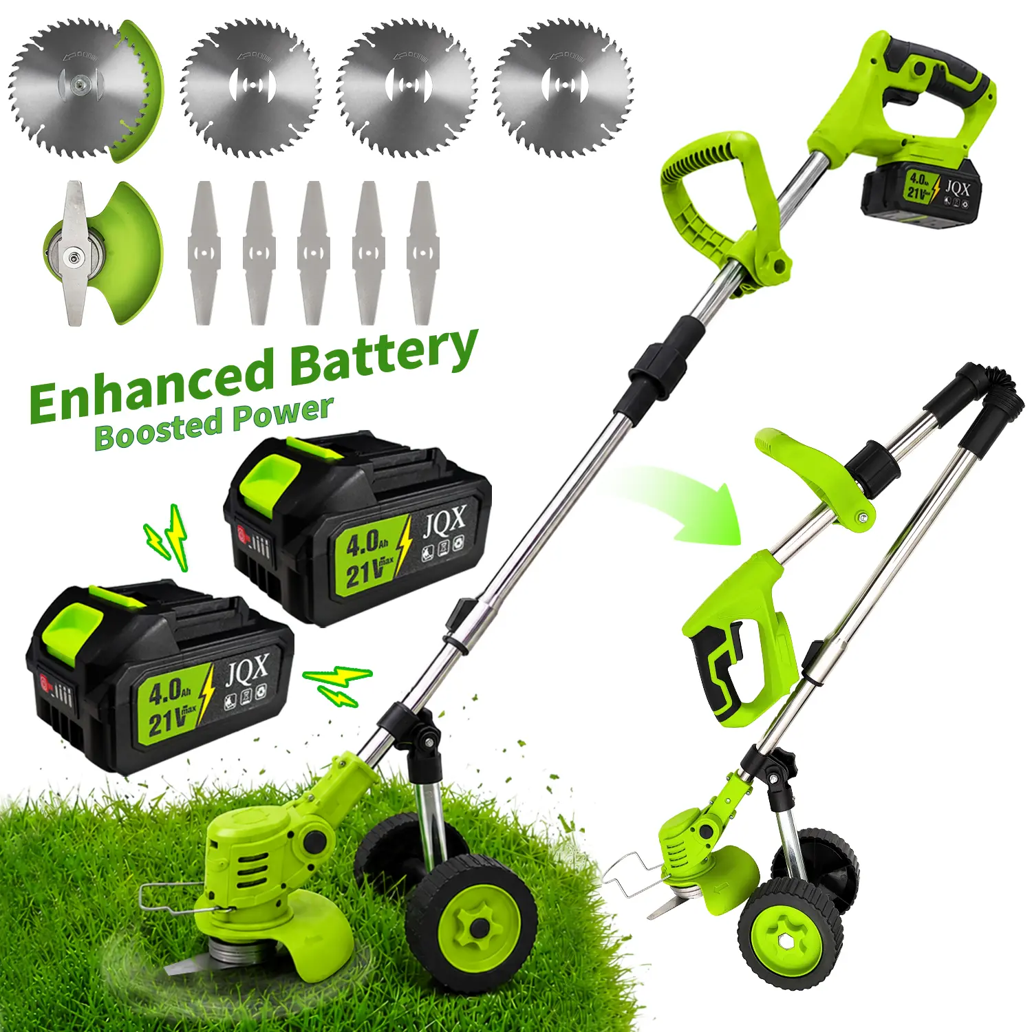 21V 3-in-1 Cordless Grass Trimmer - Weed Whacker, Brush Cutter, Women-Friendly Lawn Edger with Lightweight Adjustable Pole, Wheels, Dual Batteries, Multi-Blade System