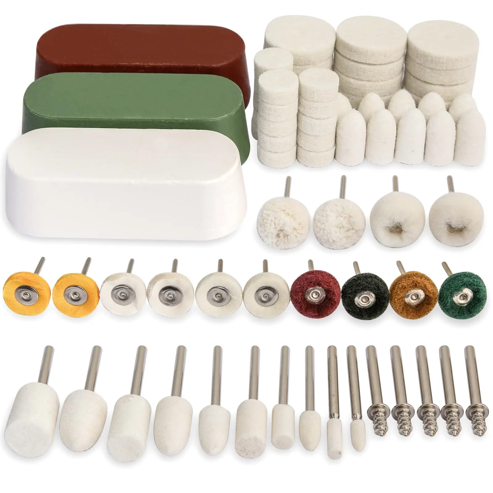 72 PCS Dremel Buffing Polishing Kit - Rotary Tool Accessories with 1/8 inch Shaft, Professional Compound, Abrasive Grinding & Wool Felt Cotton Mounted Parts, 10pcs*0.37inch Buffing Wheel for Metal Polish, Car Wheels, Manifold, High Toughness, Multi-Size S