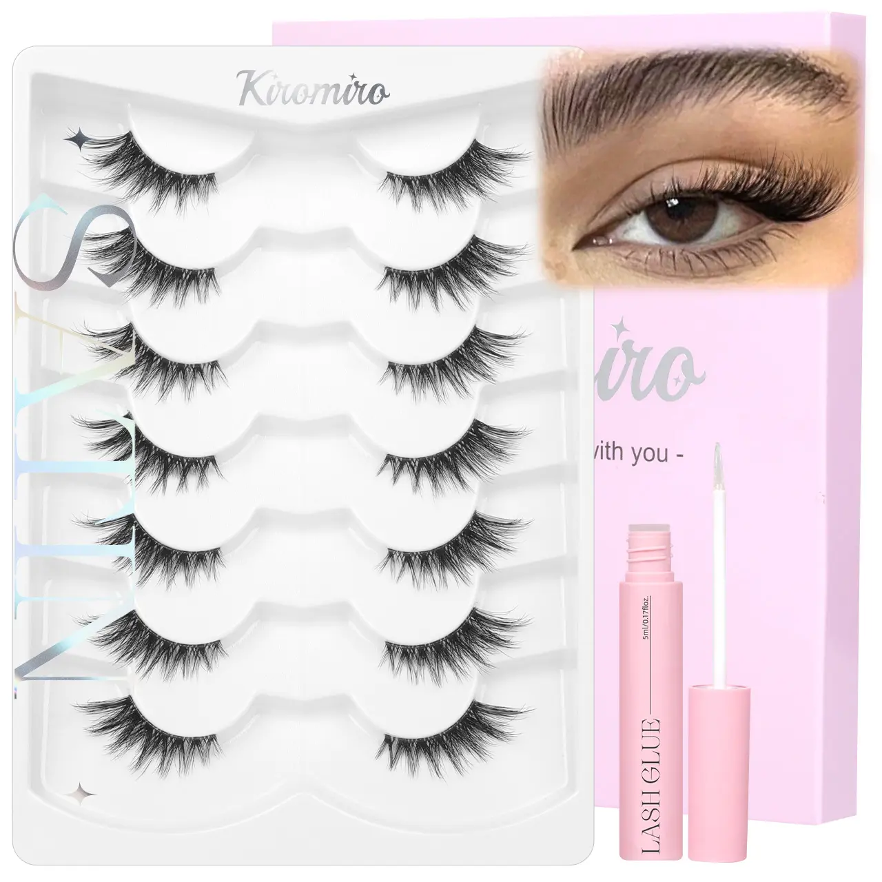 Kiromiro Half Lashes 16mm False Eyelashes Clear Band Natural Wispy Lash Strips Cat Eye Short Fake Lashes Spiky Eye Lashes 7 Pairs for Clean Makeup