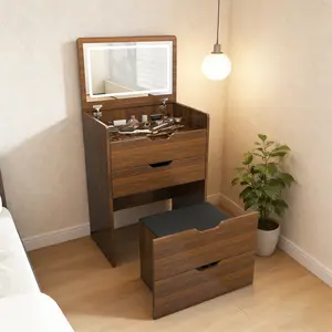 3-in-1 Vanity Desk with Lighted Mirror, Flip Top Makeup Dressing Table & Stool, Compact Storage Organizer for Cosmetics, Bedroom, Bathroom, Small Spaces, 23.62 Inch / 18.9 Inch  Modern Furniture (Walnut Finish)