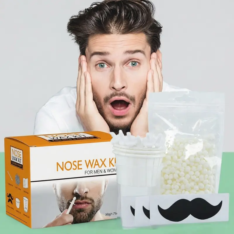 Men's Gentle Nose & Ear Hair Remover Kit - 50g Beads, Precision Applicators, 3-Min Removal, Beard Guard Sticks, Low Sensitivity, Non-Toxic, Face & All-Skin-Safe, Waxing for Long-Term Hair Suppression