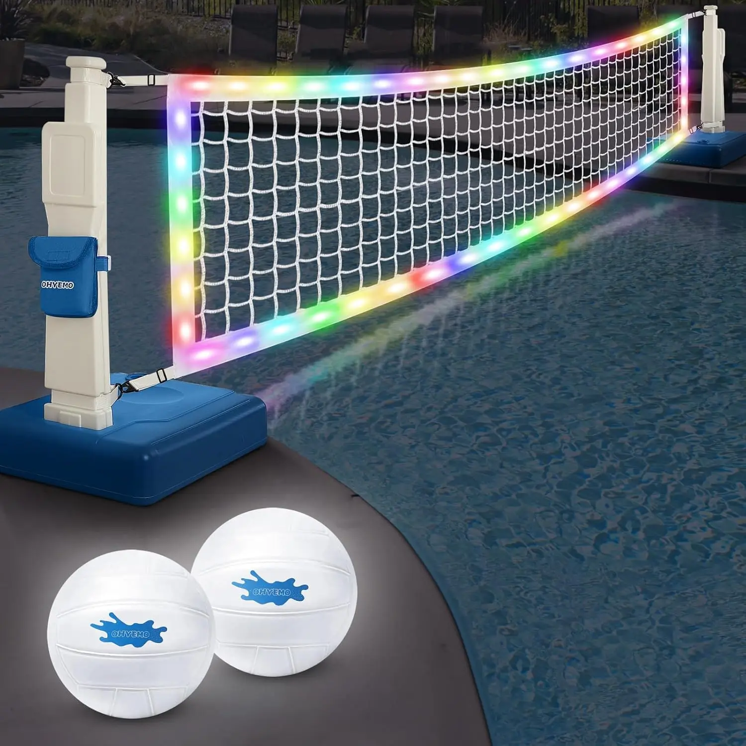 LED Inground Pool Volleyball Net Set - Light-Up Sports Game Kit with 2 LED Water Volleyballs, Adjustable Net, Pump, Remote Control, Vibrant Colors, Flashing Modes for Adults