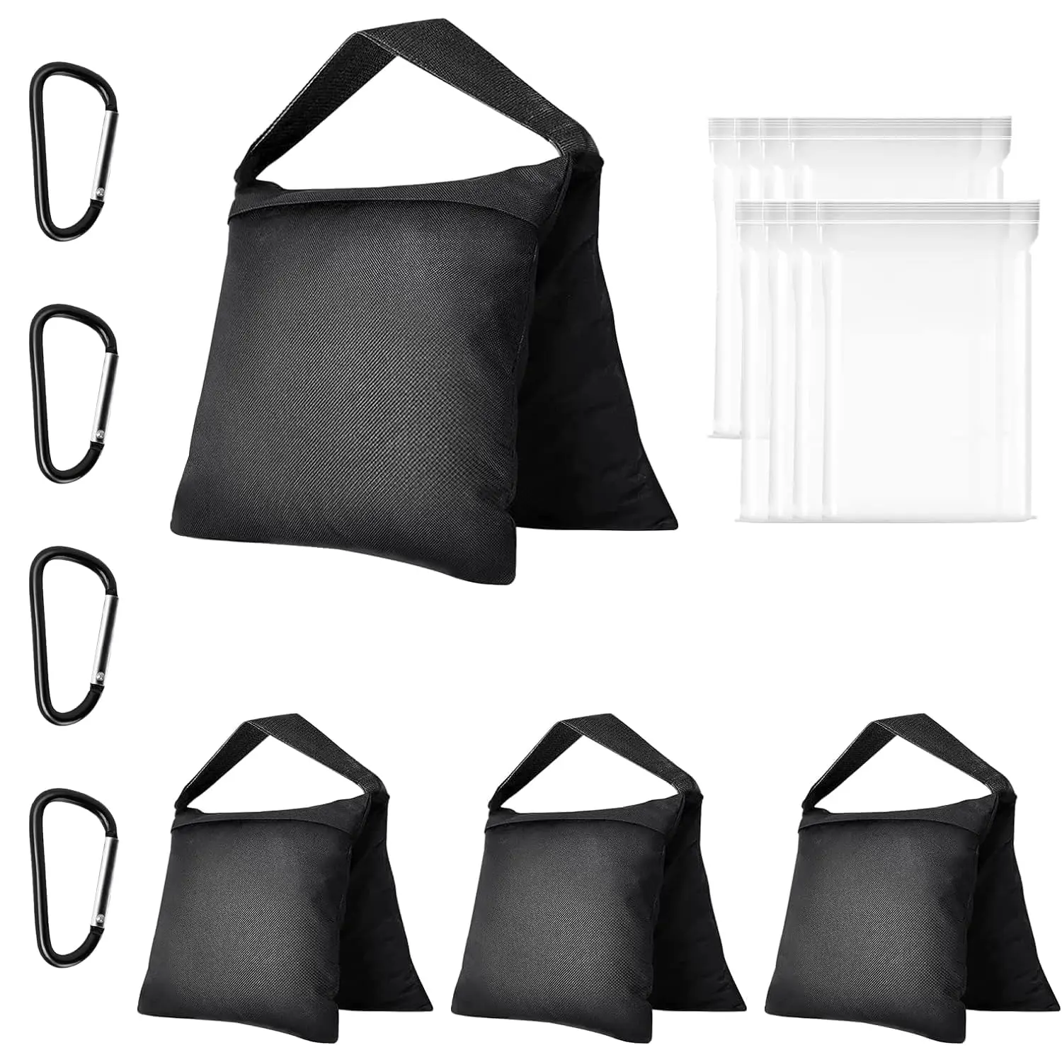 EMART 4-Pack Black Heavy-Duty 1680D Polyester Sandbags, Saddlebag Design Carabiner Kit for Photography Light Stands, Tripods, Photo Sets, Fishing Chairs Fitness Accessories Home Workout Band