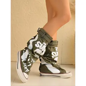 Women's Fashion Canvas Folded Boots, Casual Ankle Boots, Comfortable & Stylish Design, Letter Graffiti, Perfect for Casual & Party Wear