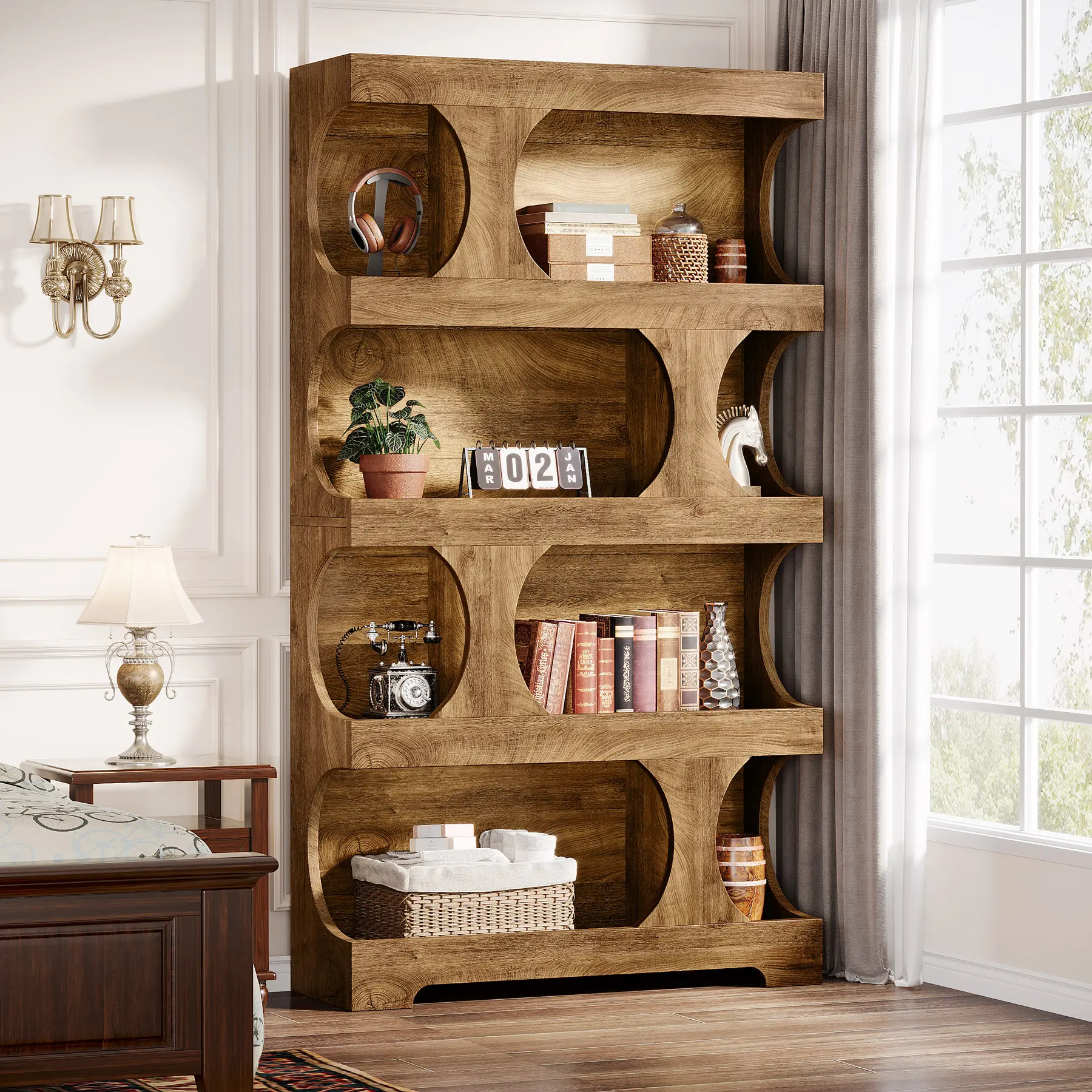 LITTLE TREE 71" Tall Bookcase, Modern Asymmetrical Bookshelf, 4-Tier Freestanding Display Shelf with Classic Shape, Large Library Book Shelf for Living Room, Home Office