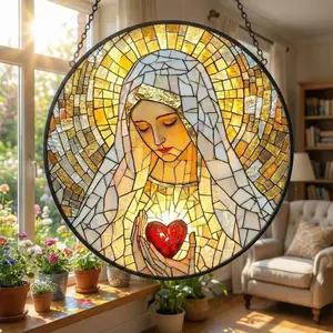 Virgin Mary Glass Suncatcher, Sacred Heart Religious Window Hanging, Faith Home Decor