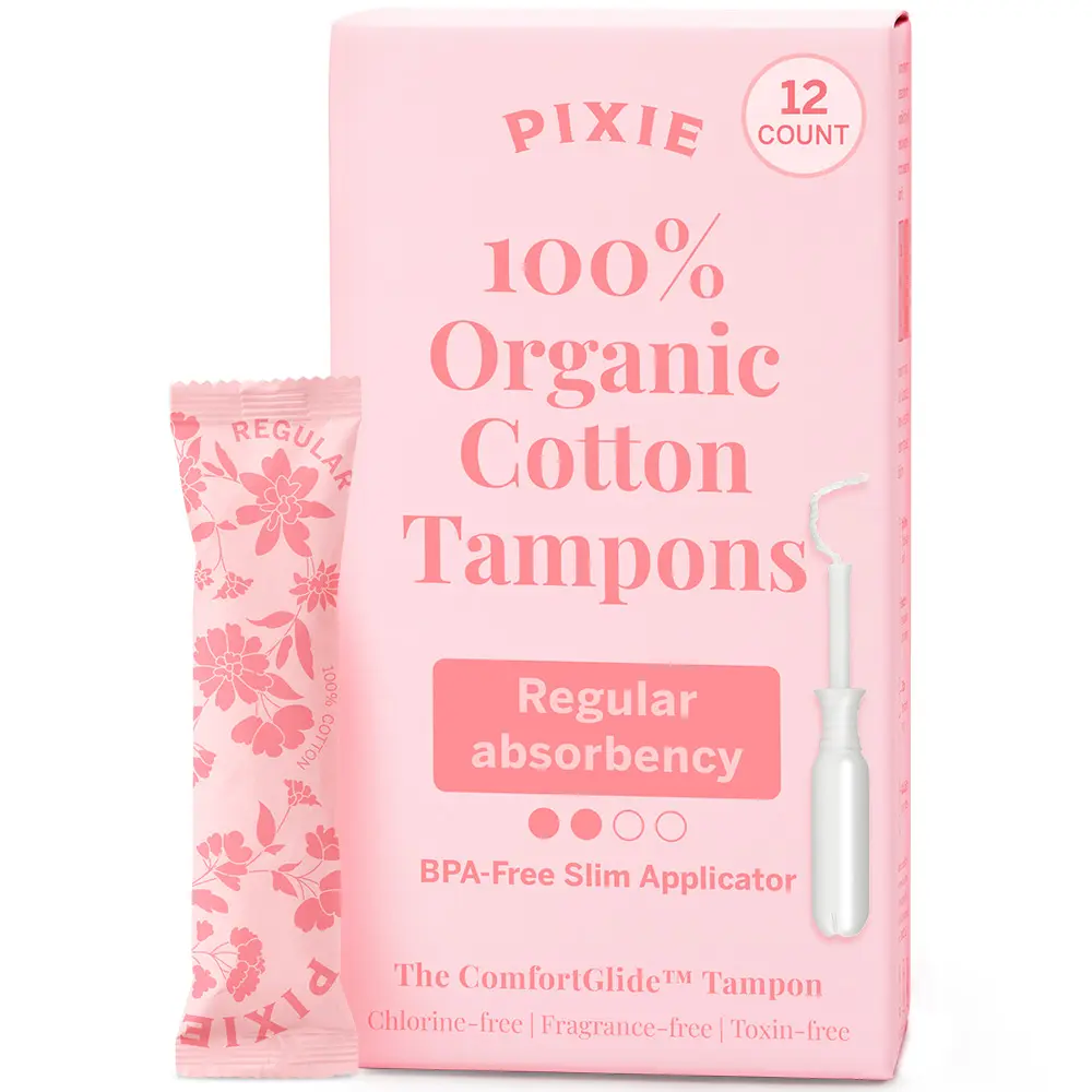 Pixie Organic Cotton Tampons – Regular Absorbency – BPA-Free Long Applicator – Unscented, Chlorine-Free Feminine Care – 12 Count