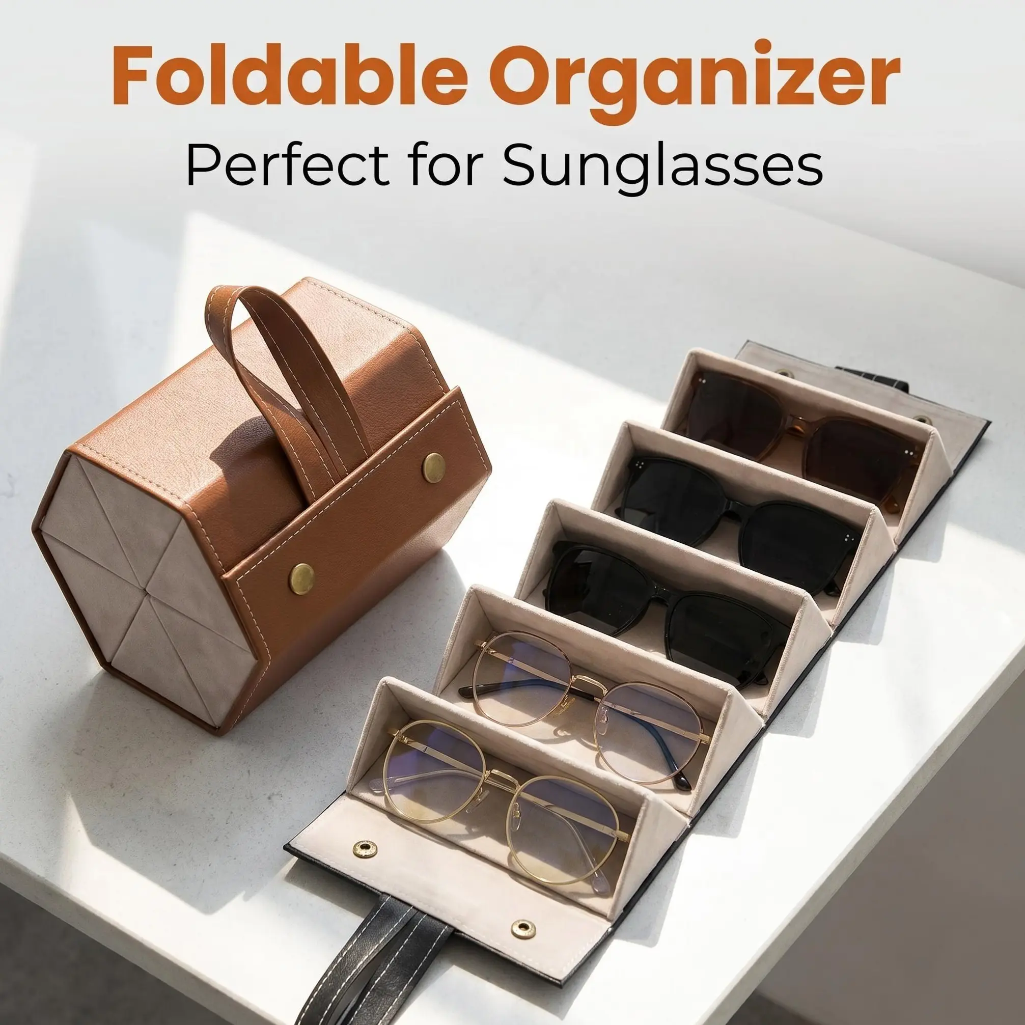 Foldable Multi-Slot Eyeglass Holder, Luxury Leather-Style Storage Case for Sunglasses & Blue Light Glasses, Portable Unisex Baroque Design for Car Storage, Home & Road Trips