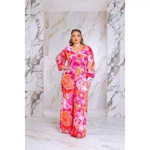 Plus Size Floral Print Jumpsuit with Long Bishop Split Sleeves - Pink