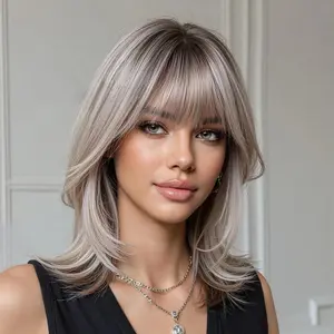 Layered Ash Blonde Wig with Bangs, Shoulder Length Feathered Cut, Beginner Friendly Wear & Go Wig synthetic fiber hairstyle heat resistant