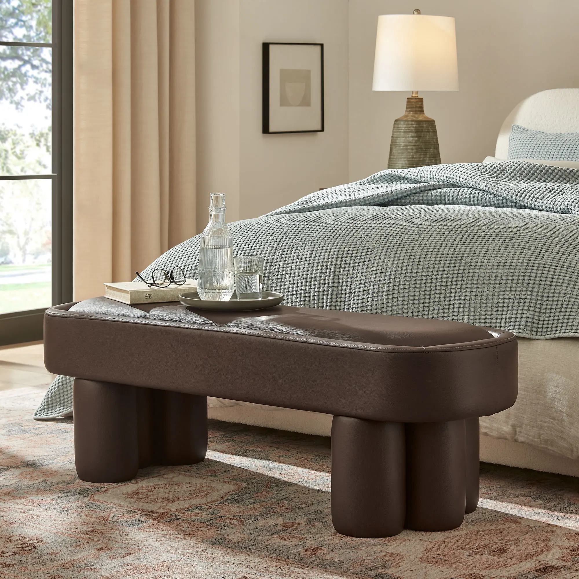 Mossi 52-Inch Oval Vegan Leather Bench in Espresso
