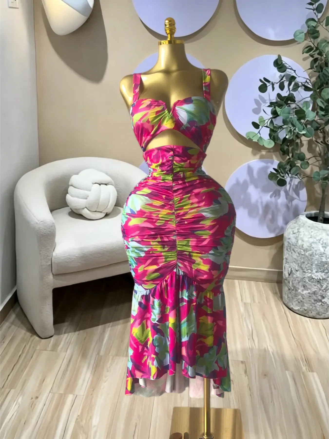 PULKRITU Elegant Feminine Women's Tropical Floral Print Cutout Ruched Midi Formal Prom Sleeveless Dress for Birthday Party, Summer Club Cocktail Gown, Female Brunch Dresses, Graduation Dresses