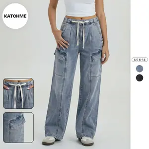 KatchMe Women's Vintage Mid-Rise Drawstring Waist Multi-Pocket Wide Leg Jeans, Versatile Cargo Pocket Women's Bottom, Street Womenswear