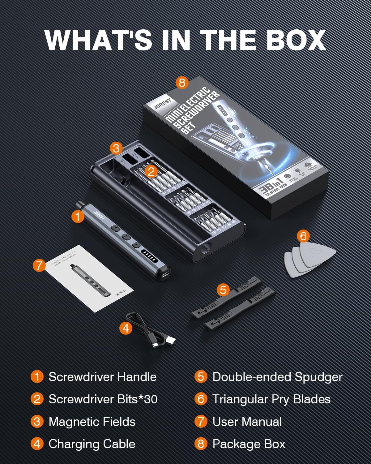 JOREST Mini Electric Screwdriver, Precision Set with 38-in-1 Magnetic Bits, 5 Torque Settings, LED Light, Repair Tool Kit for iPhones, Laptop, Drone, Game Console, Camera, Glasses, Watches, Toys JOREST Mini Electric Screwdriver, Precision Set with 38-in-1 Magnetic Bits, 5 Torque Settings, LED Light, Repair Tool Kit for iPhones, Laptop, Drone, Game Console, Camera, Glasses, Watches, Toys