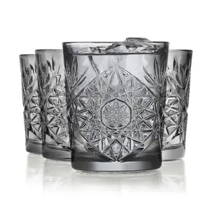 Libbey Hobstar Double Old Fashioned Glasses, Smoke Colored Cut Glass Drinking Glasses Set of 4, Durable, Vintage Whiskey Glasses for Cocktail, Drinks