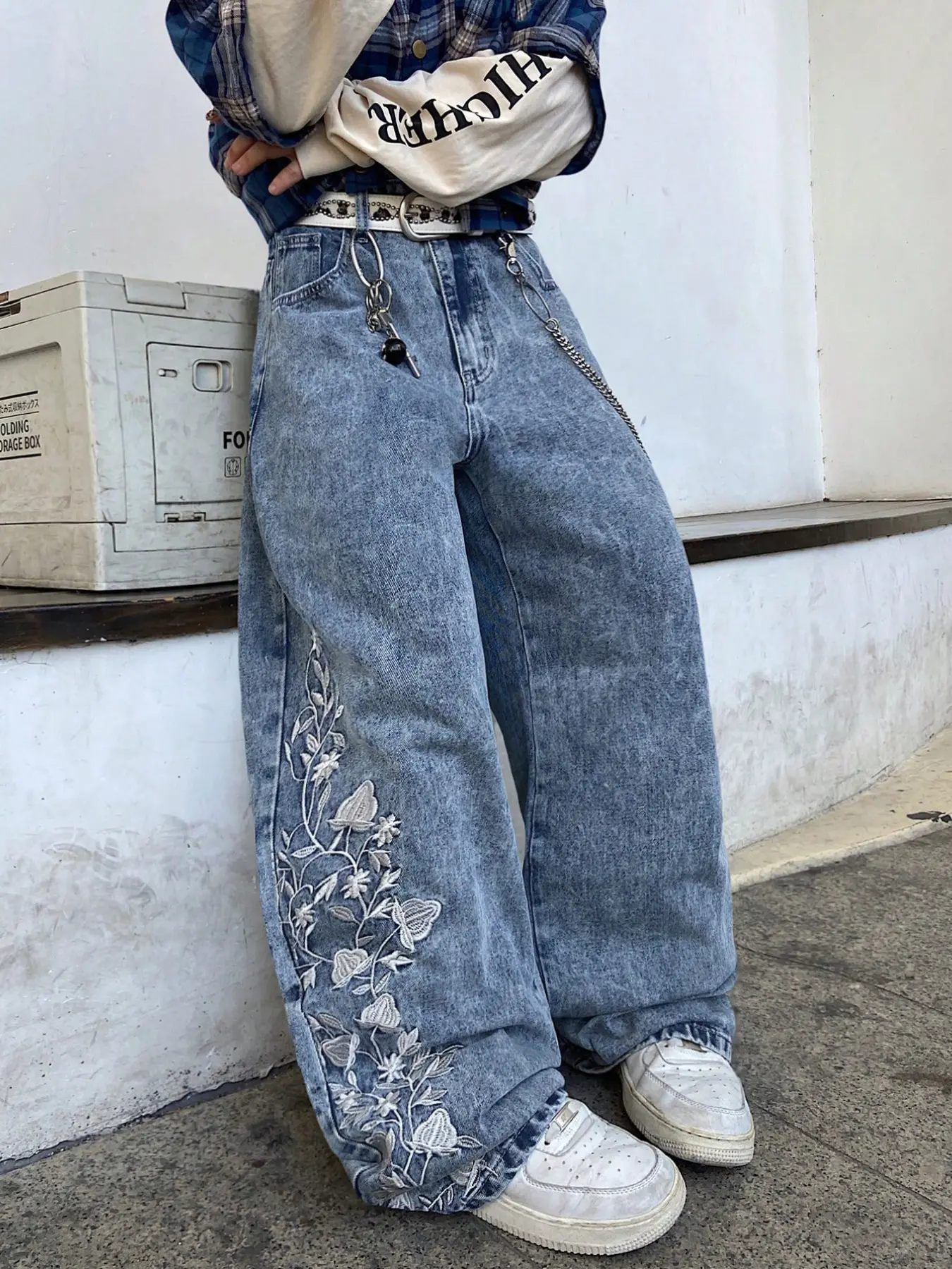 Men's Summer Thin Oversized Wide Leg Denim Jeans with Embroidered Floral Design, Baggy Loose Fit Pants, Relaxed Flattering Fit, Full-Length, 2026 New Arrival