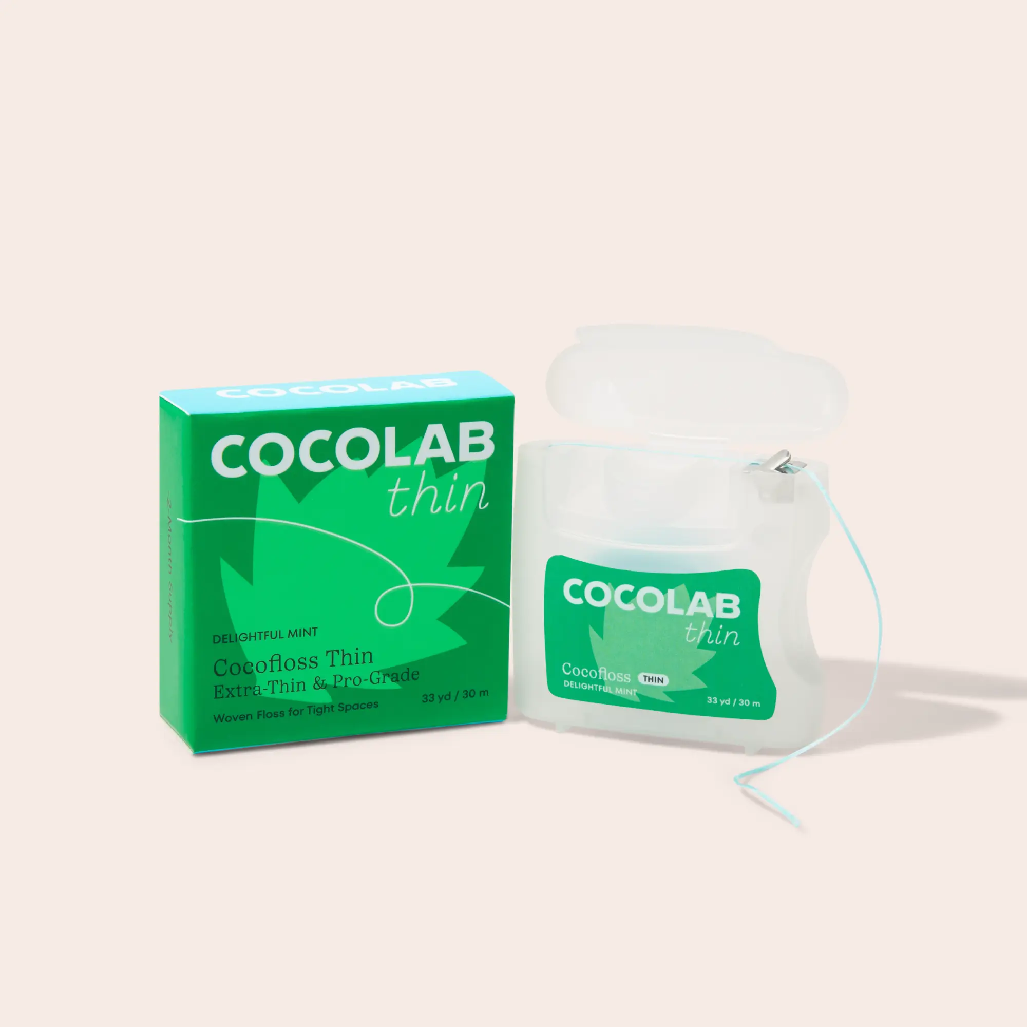 COCOLAB Cocofloss Thin, 30% Thinner & Dentist-Designed For Tight Gaps and Dental Work, Same Scrubby Texture, Plaque Removal, Breath Freshening Woven Dental Floss