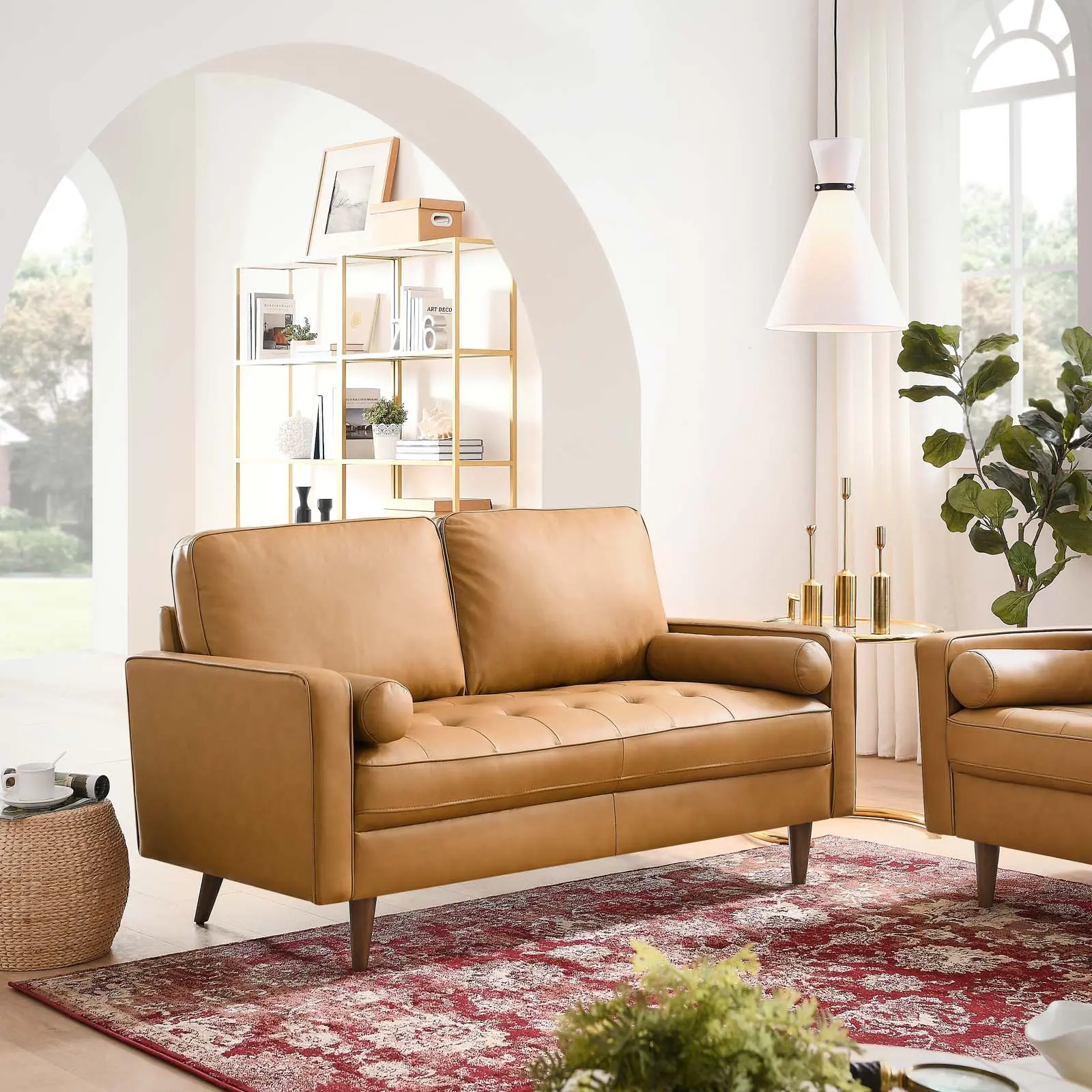 Modway Valour Midcentury Modern 2-Seat Tufted Leather Loveseat - Biscuit Tufting, Dense Foam, Portable Box, Tan Indoor Furniture Sofa, Tufted Sofa