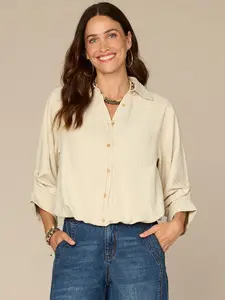 Three Quarter Tucked Sleeve Button Down Front Bubble Hem Woven Shirt
