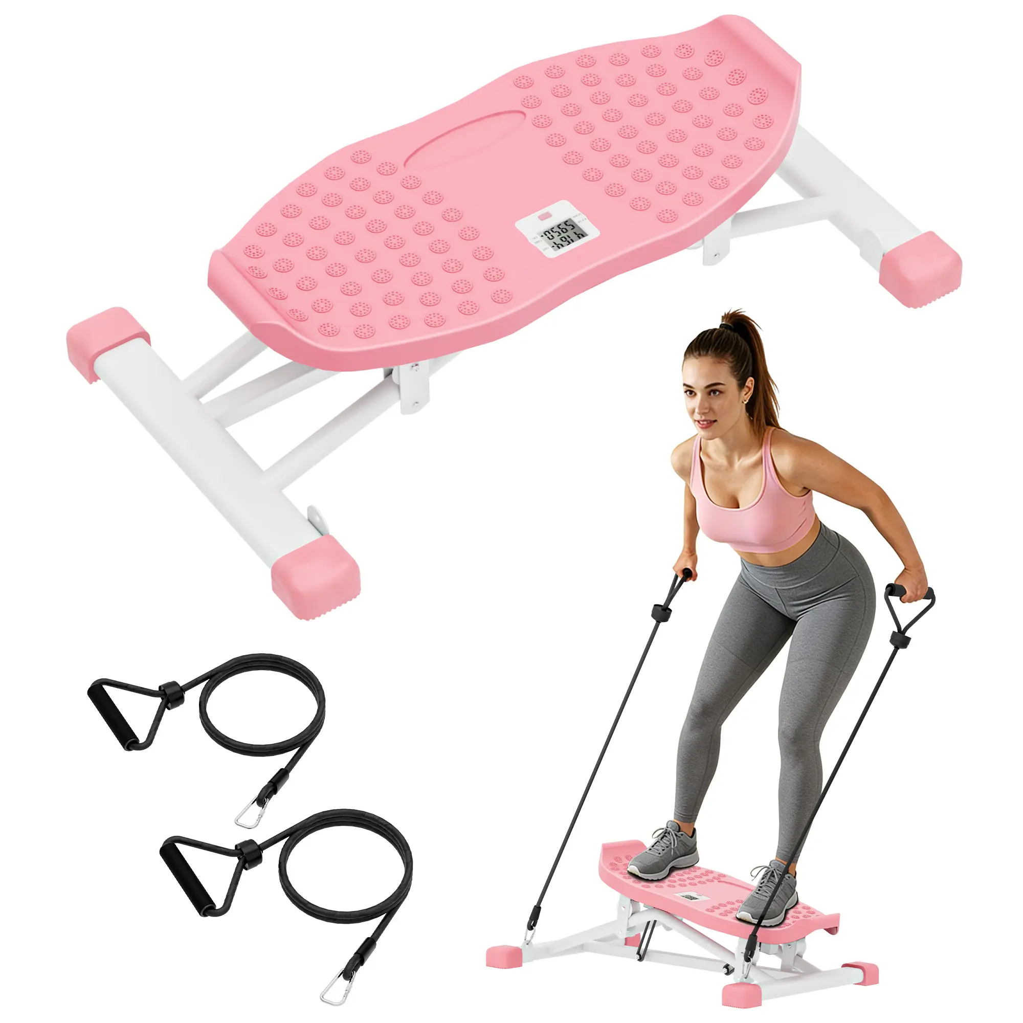 SogesHome Balance Board with Resistance Bands, 330LBS Capacity Side-to-Side Stepper W/ LCD Monitor, Portable Ski Simulator Ultra-Quiet Full-Body Workout Machine for Home Gym, Pink