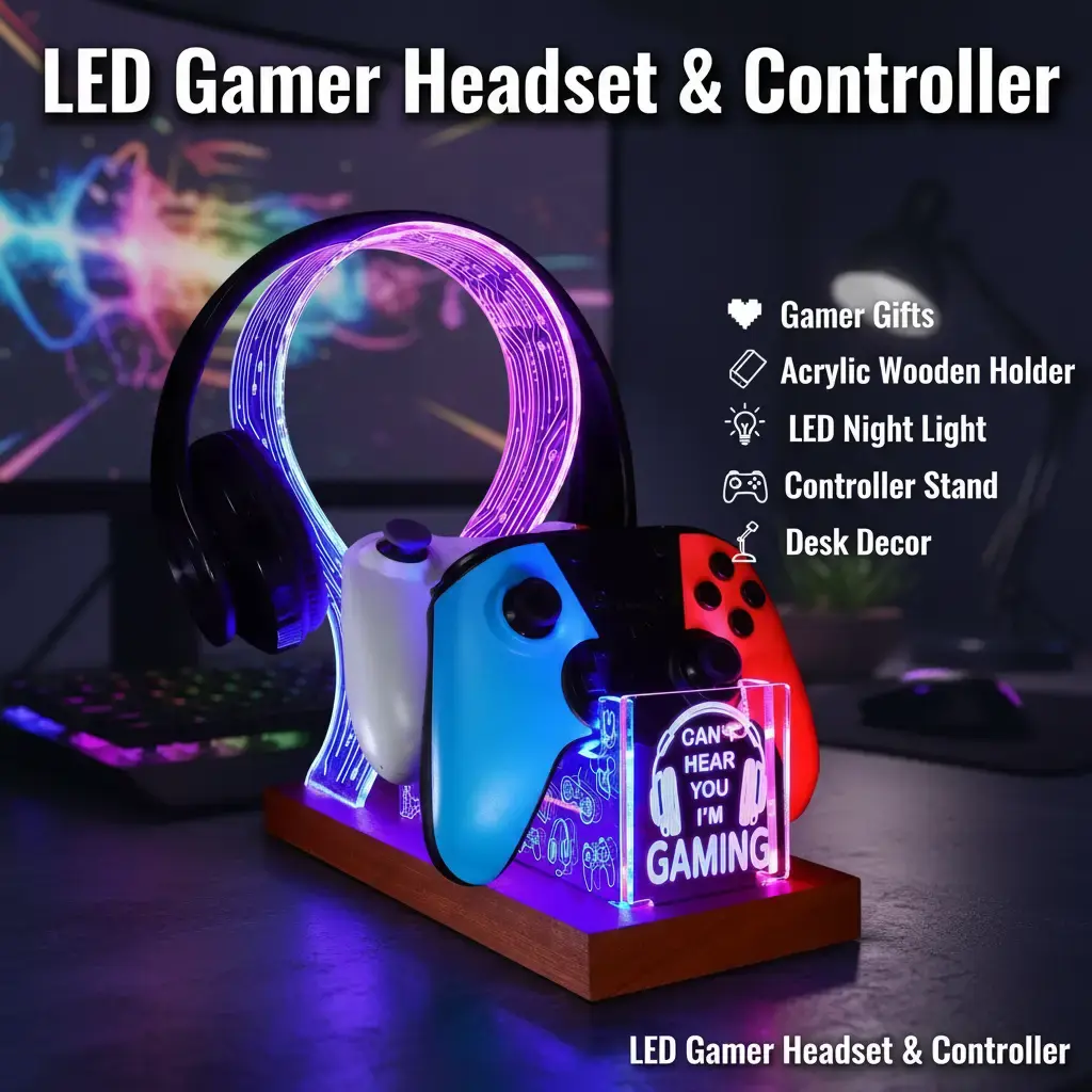 LED Gaming Headphone Stand with Controller Holder, “Can’t Hear You I’m Gaming” Headset Stand, RGB Desk Decor, Gaming Accessories, Gifts for Gamers, Him Her, Birthday Christmas Gift