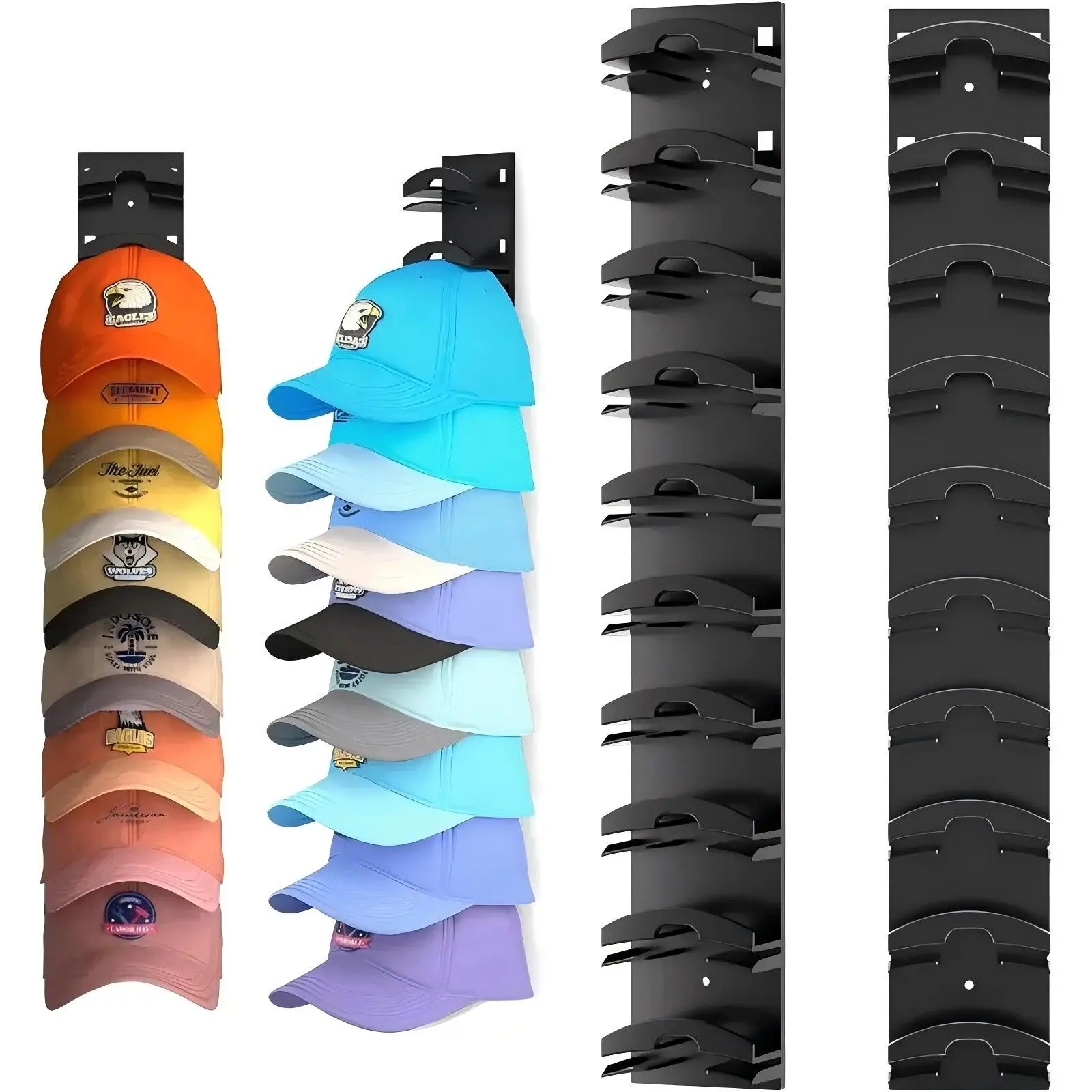 Black baseball cap storage set, featuring two installation methods, capable of accommodating up to 10-20 caps, and serving as a door cabinet hat rack display holder