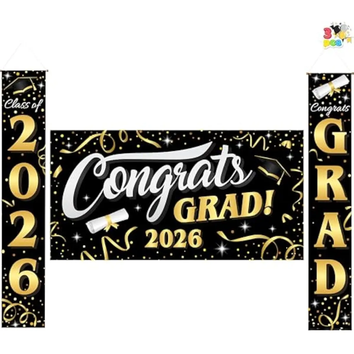 3 Pcs Graduation Decorations Class of 2026, Large Graduation Banners Set, Gold & Black Congrats Grad Party Backdrop and Banner Hanging Porch Supplies for College Graduation Indoor/Outdoor Decor