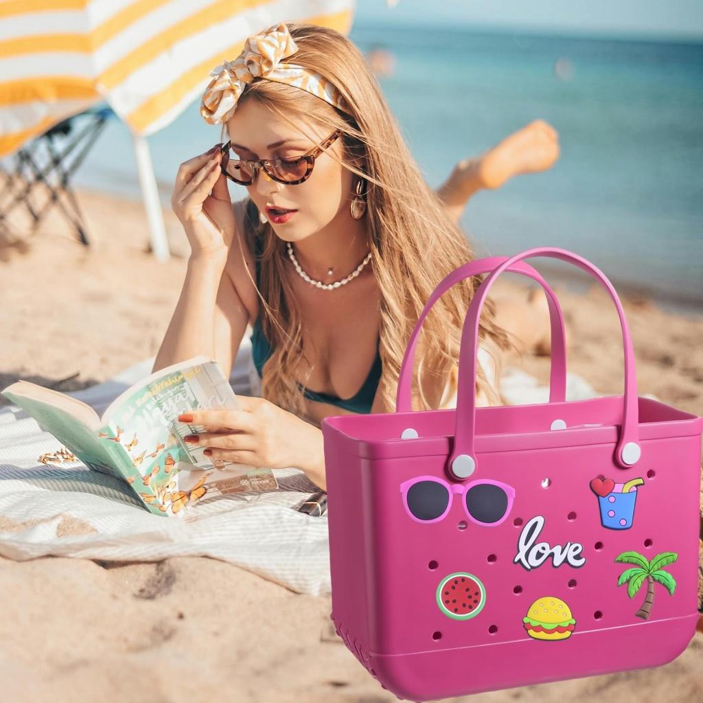 DIY Charms for Beach Bag, 30pcs Accessories Letters Flowers Baseball Beach Cute Decoration Bag Charms for Beach Bag Rubber Tote Beach Bags