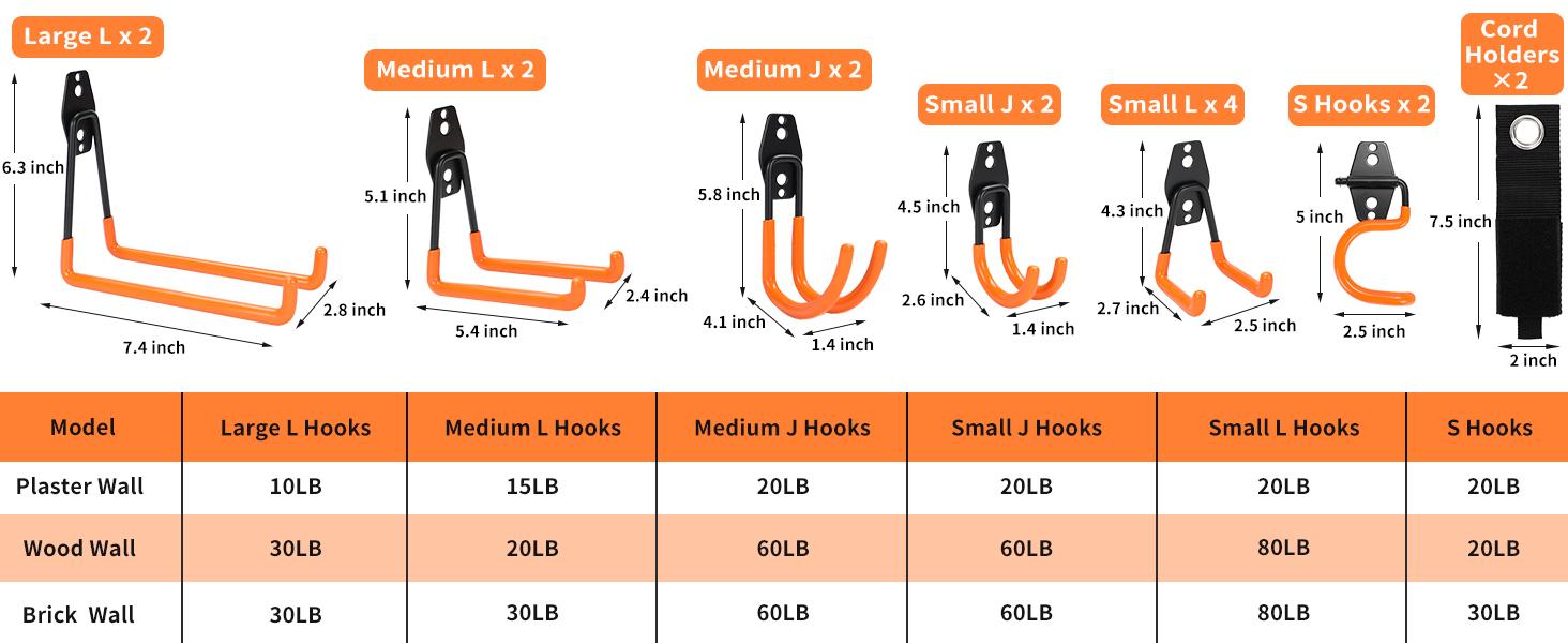 16 Pack Garage Hooks Heavy Duty Organization for Tools Wall Mount Utility Hook Garage Hanger Storage Hooks with 2 Extension Cord Straps Shed Organiser