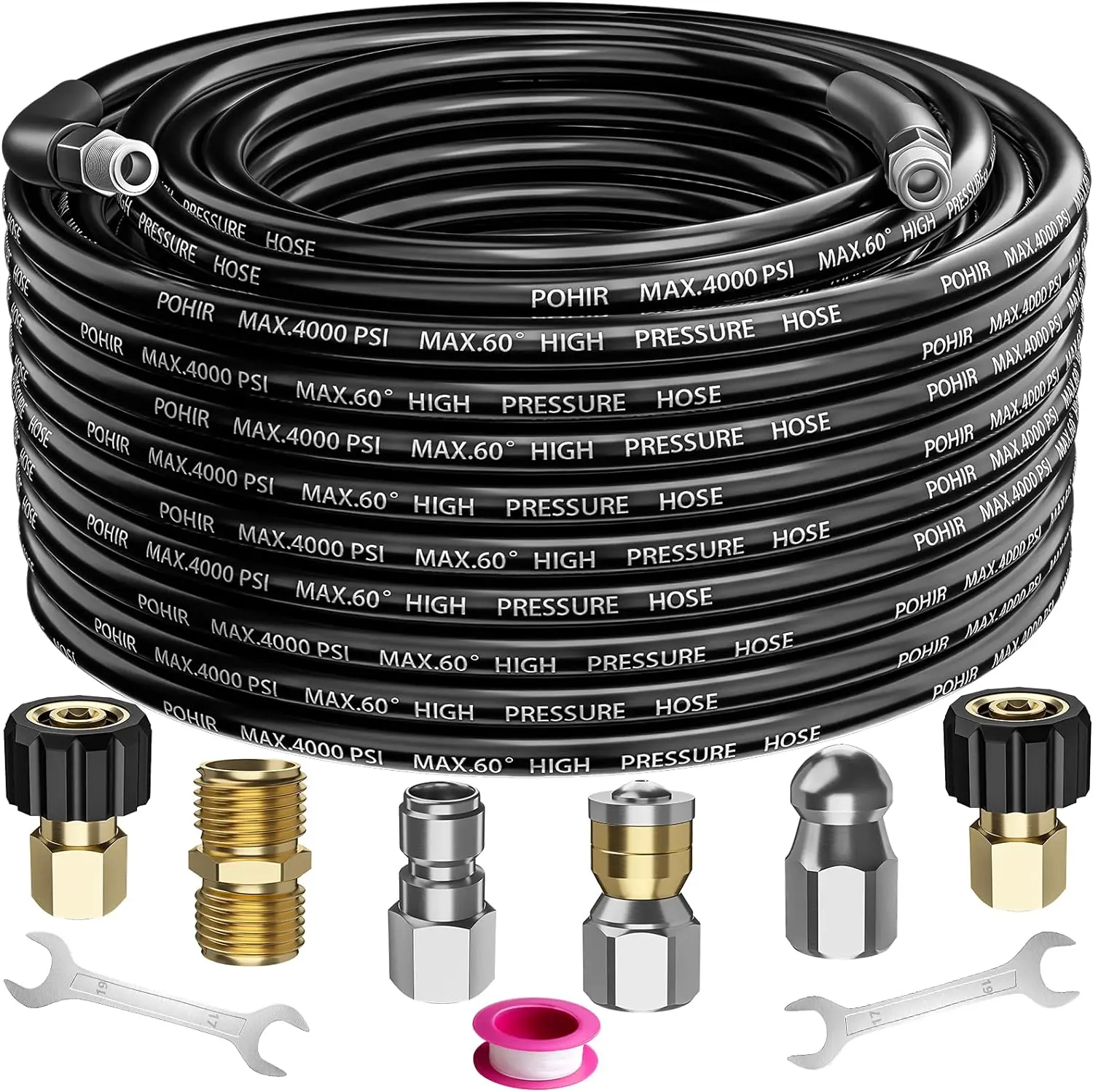 POHIR High Pressure Washer Sewer Jetter Kit, Heavy Duty Drain Cleaning Pressure Washer Attachment with 1/4 Female NPT Hydro Jetter Hose, Button Nose Nozzle, Rotating Jets Nozzle, Adapter and Wand, 4000 PSI