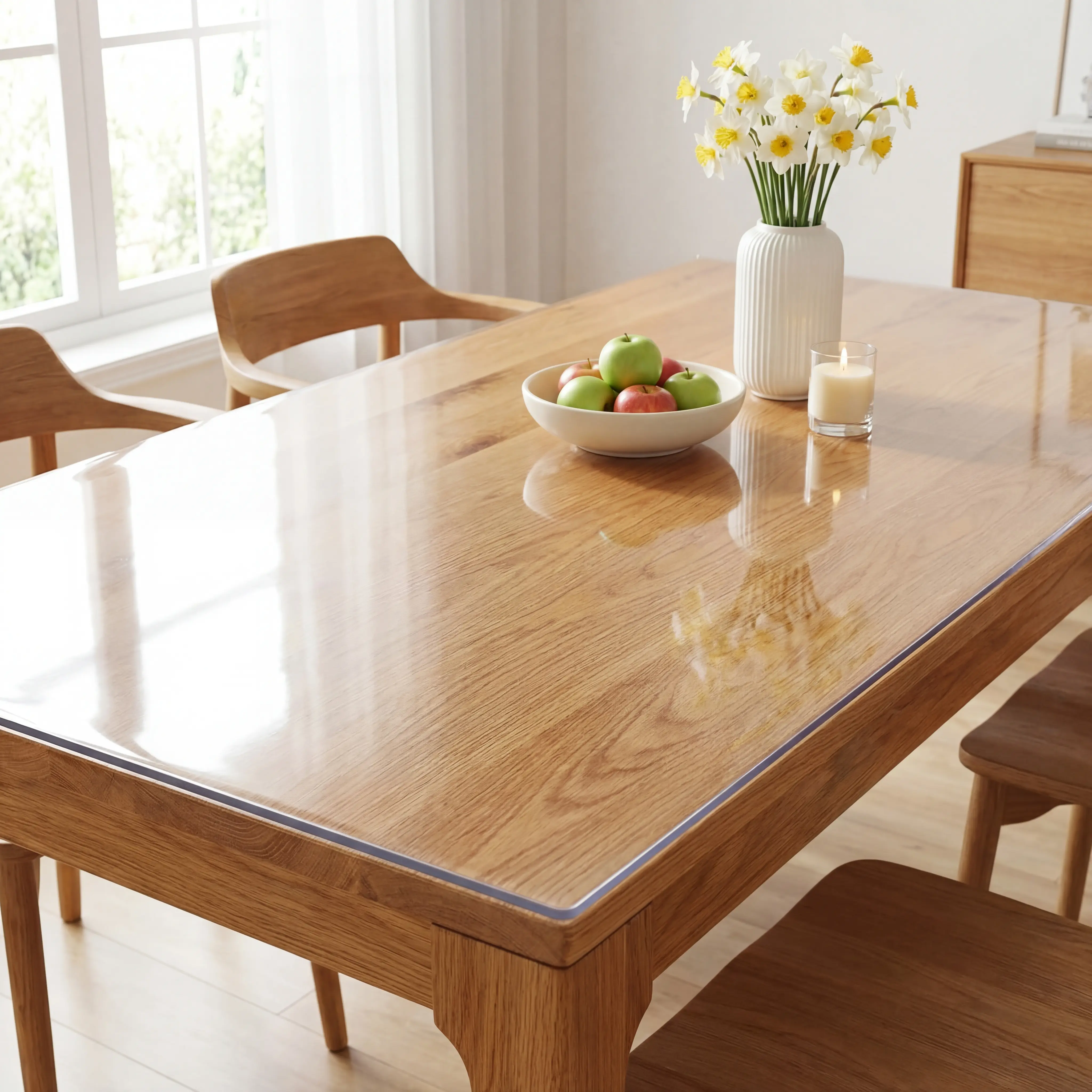 Transparent crystal white PVC tablecloth, 1.5 mm thick, highly flexible, waterproof, oil-proof, heat-resistant, stain-resistant, tear-resistant, durable, non-fading, suitable for dressing tables, countertops, bedside tables, and dining tables