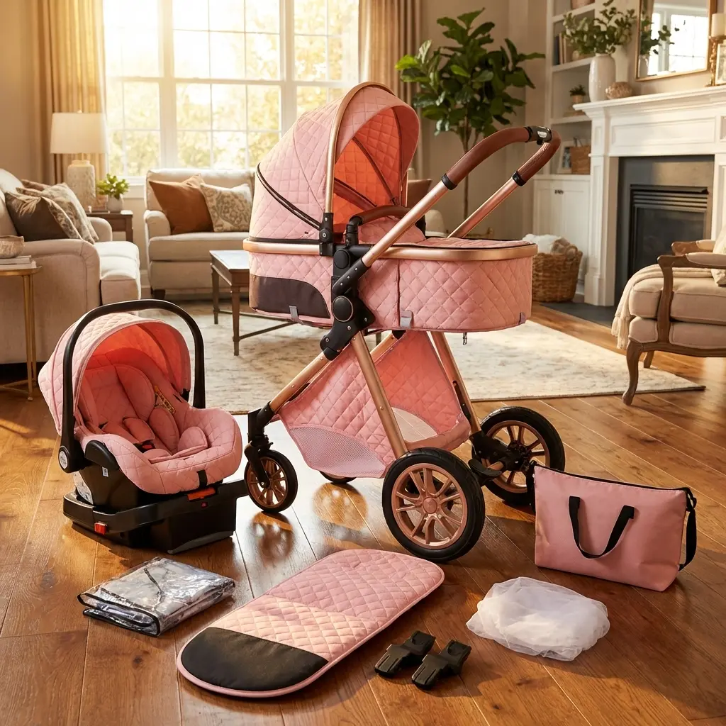Multifunctional 4-in-1 Modular Folding Newborn Stroller System - Travel Friendly Infant Stroller with Car Seat, Bassinet, Reversible Push Handle, Adjustable Smooth Shock-Absorbing Wheels, Vintage Running Seat, Modular Stroller