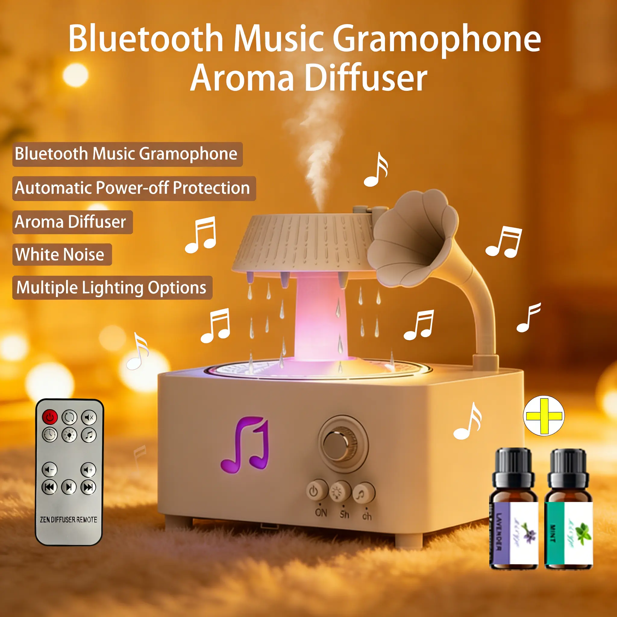 Phonograph-Style Aromatherapy Diffuser & Humidifier for Home - Ultrasonic Raindrop Rotation, White Noise, Bluetooth Music, Automatic Waterless Shut-Off, Included Essential Oils, High-End White Gift (Aromatherapy Calm), Diffusers