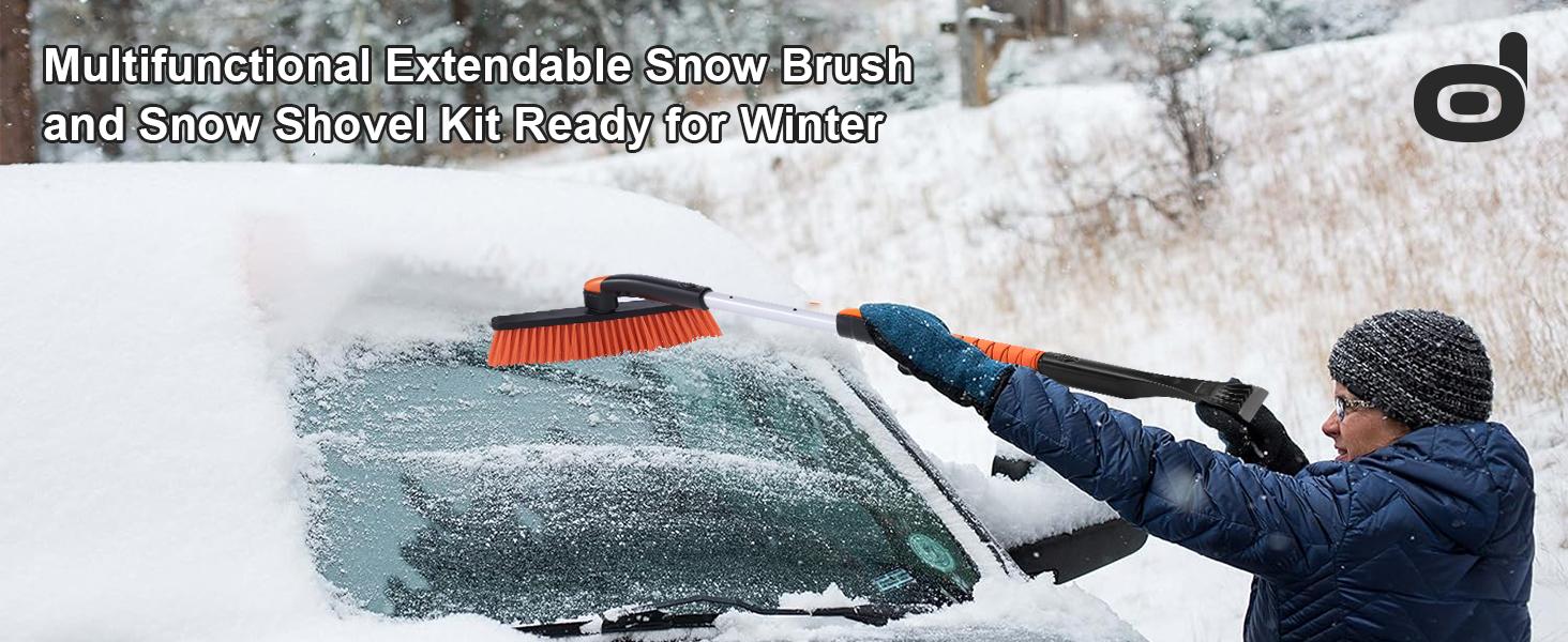 Odoland Ice Scraper with Snow Brush and Snow Shovel, 35" Extendable Snow Remover with Foam Grip, 360° Pivoting Brush Head for Car Windshield, Emergency Snow Scraper for SUV Truck Vehicle, Orange