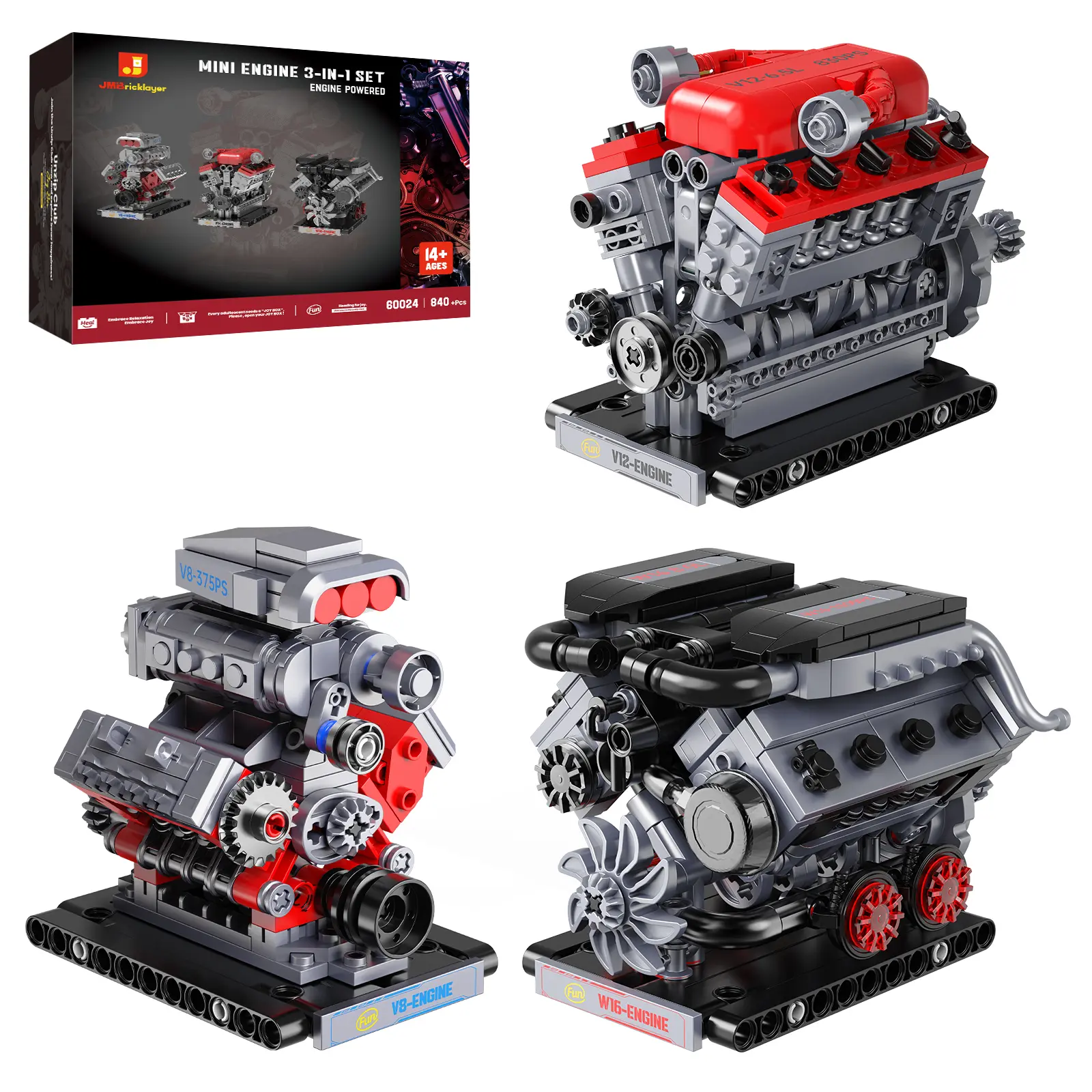 JMBricklayer Mini Engine Building Set 3-in-1 Model Kit, 840 PCS DIY Engineering Model, High-End Mechanical Display for Adults, Creative Building Blocks Mechanical Engine Model (60024)